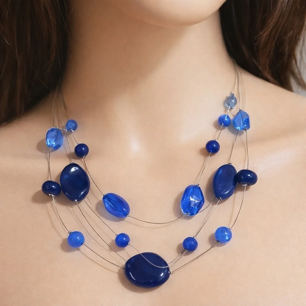 Multi Strand Silver tone Illusion Style Blue Beaded Necklace, Women's Jewelry #1
